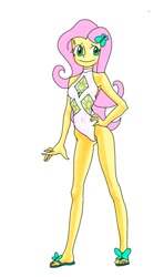 Size: 589x996 | Tagged: safe, artist:dadss_rootbeer, character:fluttershy, my little pony:equestria girls, armpits, clothing, cutie mark, female, implied rarity, looking at you, one-piece swimsuit, simple background, smiling, solo, swimsuit, white background