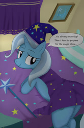 Size: 859x1300 | Tagged: safe, artist:neoshrek, character:trixie, species:pony, species:unicorn, bed, clothing, dialogue, female, hat, looking back, mare, nightcap, smiling, solo, speech bubble, wand
