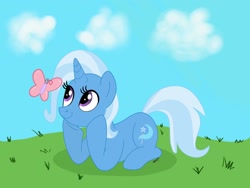Size: 2048x1536 | Tagged: safe, artist:kazzysart, character:trixie, species:pony, species:unicorn, butterfly, cloud, cute, diatrixes, female, grass, head in hooves, lying down, mare, prone, sky, smiling, solo