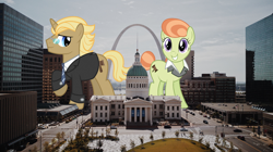 Size: 1800x1010 | Tagged: safe, artist:sircxyrtyx, artist:toughbluff, character:golden gavel, species:earth pony, species:pony, species:unicorn, courthouse, female, giant pony, highrise ponies, irl, lady justice, macro, male, missouri, photo, ponies in real life, st. louis, swift justice