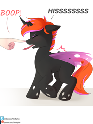 Size: 1200x1600 | Tagged: safe, artist:hevypony, oc, oc:clarity heart, species:changeling, boop, double colored changeling, hissing, male, purple changeling, solo, two toned mane