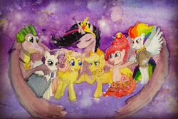 Size: 4160x2780 | Tagged: safe, artist:peichenphilip, character:applejack, character:fluttershy, character:pinkie pie, character:rainbow dash, character:rarity, character:spike, character:twilight sparkle, character:twilight sparkle (alicorn), species:alicorn, species:dragon, species:earth pony, species:pegasus, species:pony, species:unicorn, episode:the last problem, g4, my little pony: friendship is magic, mane seven, mane six, older, older applejack, older fluttershy, older mane seven, older mane six, older pinkie pie, older rainbow dash, older rarity, older spike, older twilight, princess twilight 2.0, traditional art, watercolor painting