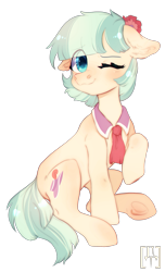Size: 1829x3000 | Tagged: safe, artist:rizzych, character:coco pommel, species:earth pony, species:pony, eye clipping through hair, female, floppy ears, high res, mare, one eye closed, raised leg, simple background, sitting, solo, transparent background, wavy mouth