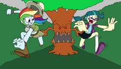 Size: 1920x1092 | Tagged: safe, artist:bugssonicx, character:juniper montage, character:rainbow dash, my little pony:equestria girls, belt, boots, caught, clothing, forest, glasses, hat, haunted, miniskirt, monster, pigtails, pith helmet, running, running in place, scared, shoes, skirt, skirt pull, socks, tree
