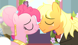 Size: 1024x596 | Tagged: safe, artist:missxxfofa123, base used, character:applejack, character:pinkie pie, species:earth pony, species:pony, ship:applepie, episode:a canterlot wedding, g4, my little pony: friendship is magic, alternate hairstyle, alternate universe, applejack (male), applepie (straight), boop, canterlot, clothing, dress, eyes closed, female, half r63 shipping, male, marriage, nose to nose, noseboop, rule 63, shipping, straight, tuxedo, wedding, wedding dress, wedding suit