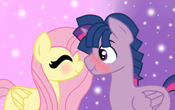 Size: 1024x644 | Tagged: safe, artist:missxxfofa123, base used, character:fluttershy, character:twilight sparkle, character:twilight sparkle (alicorn), oc:dusk shine, species:alicorn, species:pegasus, species:pony, ship:twishy, blushing, boop, duskshy, eyes closed, female, half r63 shipping, male, missing cutie mark, noseboop, prince dusk, rule 63, shipping, starry background, straight