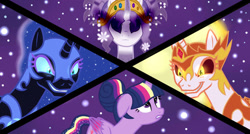 Size: 1024x547 | Tagged: safe, artist:missxxfofa123, base used, character:daybreaker, character:nightmare moon, character:princess celestia, character:princess luna, character:tree of harmony, character:twilight sparkle, character:twilight sparkle (alicorn), oc, oc:harmony (heilos), species:alicorn, species:classical unicorn, species:pony, species:unicorn, alternate hairstyle, cloven hooves, colored wings, corrupted, dark magic, female, gradient wings, hair bun, leonine tail, magic, mare, rainbow power, tree of harmony, unshorn fetlocks, wings