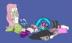 Size: 1747x1036 | Tagged: safe, artist:bugssonicx, character:dj pon-3, character:fluttershy, character:octavia melody, character:vinyl scratch, my little pony:equestria girls, bondage, bound and gagged, femsub, fluttersub, gag, glasses, hogtied, shoes, sneakers, submissive, tape, tape gag, tavisub, tied up, vinylsub