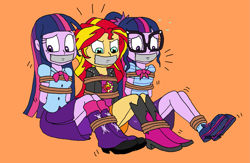 Size: 1417x924 | Tagged: safe, artist:bugssonicx, character:sunset shimmer, character:twilight sparkle, character:twilight sparkle (scitwi), species:eqg human, my little pony:equestria girls, bondage, bound and gagged, gag, tape, tape gag, tied up