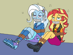 Size: 1454x1106 | Tagged: safe, artist:bugssonicx, character:sunset shimmer, character:trixie, equestria girls:forgotten friendship, g4, my little pony: equestria girls, my little pony:equestria girls, bondage, boots, bound and gagged, clothing, gag, high heel boots, kneesocks, shoes, skirt, socks, tape, tape gag, tied up