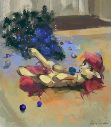 Size: 1223x1392 | Tagged: safe, artist:malinetourmaline, character:roseluck, species:pony, behaving like a cat, christmas, christmas ornament, christmas tree, collar, cute, decoration, holiday, on back, pet tag, pony pet, rosepet, tree