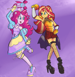 Size: 2153x2200 | Tagged: safe, artist:pettypop, character:pinkie pie, character:sunset shimmer, my little pony:equestria girls, armor, armpits, clothing, dress, fishnets, hat, high heels, magical girl, redraw, shoes, wand