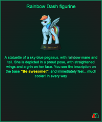 Size: 505x605 | Tagged: safe, artist:dipfanken, editor:fluttershyisnot adoormat, character:rainbow dash, species:pegasus, species:pony, fallout equestria, fanfic, fanfic art, female, figurine, game, game: fallout equestria: remains, grin, hooves, mare, ministry mares, ministry mares statuette, raised hoof, smiling, solo, spread wings, statuette, wings