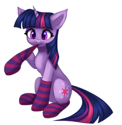 Size: 1890x1929 | Tagged: safe, artist:avrameow, edit, character:twilight sparkle, character:twilight sparkle (unicorn), species:pony, species:unicorn, blushing, chest fluff, clothing, cute, digital art, female, mare, simple background, sitting, socks, solo, stockings, striped socks, thigh highs, transparent background, twiabetes, wingless, wingless edit