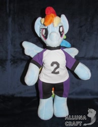Size: 1024x1320 | Tagged: safe, artist:allunacraft, character:rainbow dash, species:pony, anthro plushie, bipedal, clothing, female, irl, mare, pants, photo, plushie, semi-anthro, shirt, solo, spread wings, wings