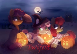 Size: 3508x2480 | Tagged: safe, artist:_mpiesocks, character:apple bloom, character:scootaloo, character:sweetie belle, species:bat, species:pegasus, species:pony, bandage, broom, cape, cemetery, clothing, halloween, hat, high res, holiday, jack-o-lantern, mare in the moon, moon, mummy costume, night, pumpkin, tongue out, twifest, witch hat