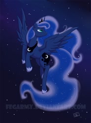 Size: 600x813 | Tagged: safe, artist:erysz, character:princess luna, female, flying, night, night sky, sky, smiling, solo