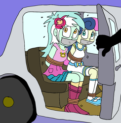 Size: 948x966 | Tagged: safe, artist:bugssonicx, character:bon bon, character:lyra heartstrings, character:sweetie drops, my little pony:equestria girls, abuse, bondage, bound and gagged, car, damsel in distress, gag, kidnapped, tape, tape gag, this will end in rape, tied up