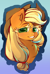 Size: 1151x1700 | Tagged: safe, artist:haokan, character:applejack, species:earth pony, species:pony, g4, bust, chest fluff, colored eyebrows, colored pupils, cute, eyebrows, female, looking at you, mare, portrait, simple background, smiling, solo