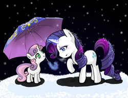 Size: 895x688 | Tagged: safe, artist:d-tomoyo, character:rarity, character:sweetie belle, magic, snow, snowfall, umbrella