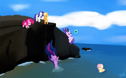 Size: 1920x1201 | Tagged: safe, artist:alicorn-without-horn, character:applejack, character:fluttershy, character:pinkie pie, character:rarity, character:starlight glimmer, character:twilight sparkle, character:twilight sparkle (alicorn), species:alicorn, species:crab, species:earth pony, species:pegasus, species:pony, species:unicorn, episode:the last problem, g4, my little pony: friendship is magic, cliff, exclamation point, gopro, ocean, princess twilight 2.0