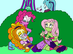 Size: 1248x920 | Tagged: safe, artist:bugssonicx, character:adagio dazzle, character:aria blaze, character:fluttershy, character:pinkie pie, character:sonata dusk, my little pony:equestria girls, alternate costumes, arm behind back, bondage, brightly colored ninjas, bush, chloroform, disguise, disguised siren, female, hand over mouth, kunoichi, mask, nervous, ninja, rope, sandals, the dazzlings, tied up