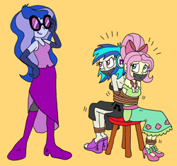 Size: 1156x1080 | Tagged: safe, artist:bugssonicx, character:dj pon-3, character:fluttershy, character:princess luna, character:vice principal luna, character:vinyl scratch, my little pony:equestria girls, accessory theft, alternate hairstyle, bondage, boots, bound and gagged, bound together, bow, clothing, dress, gag, sandals, shoes, sitting, sunglasses, tape, tape gag, tied up, vice principal luna, vinyl scratch is not amused