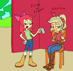 Size: 1115x1080 | Tagged: safe, artist:bugssonicx, character:apple bloom, character:applejack, equestria girls:holidays unwrapped, g4, my little pony: equestria girls, my little pony:equestria girls, spoiler:eqg series (season 2), arm behind back, bondage, boots, bow, clothing, cowboy boots, gag, hand on hip, implied flim flam brothers, jeans, pants, shoes, tape, tape gag