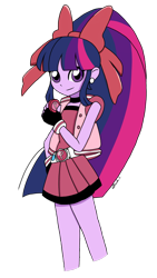 Size: 1280x2276 | Tagged: safe, artist:iamsheila, character:twilight sparkle, my little pony:equestria girls, alternate hairstyle, anime style, belt, blossom (powerpuff girls), clothing, cosplay, costume, crossover, cute, ear piercing, earring, jewelry, miniskirt, piercing, pleated skirt, ponytail, powerpuff girls z, ribbon, simple background, skirt, the powerpuff girls, transparent background, yo-yo