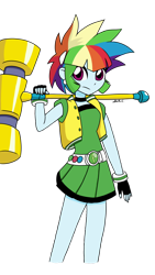 Size: 1280x2276 | Tagged: safe, artist:iamsheila, character:rainbow dash, my little pony:equestria girls, alternate hairstyle, anime style, belt, buttercup (powerpuff girls), clothing, cosplay, costume, crossover, cute, ear piercing, earring, hammer, jewelry, miniskirt, piercing, pleated skirt, powerpuff girls z, ribbon, simple background, skirt, the powerpuff girls, transparent background