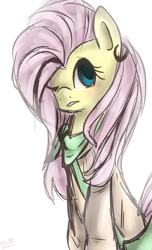 Size: 967x1590 | Tagged: safe, artist:marisalle, character:fluttershy, clothing, earring, piercing, scarf, sweater, sweatershy