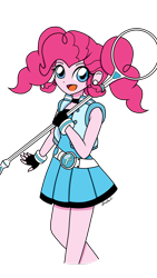 Size: 1280x2276 | Tagged: safe, artist:iamsheila, character:pinkie pie, my little pony:equestria girls, alternate hairstyle, anime style, belt, bubbles (powerpuff girls), clothing, cosplay, costume, crossover, cute, ear piercing, earring, female, jewelry, miniskirt, piercing, pigtails, pleated skirt, powerpuff girls z, ribbon, simple background, skirt, solo, the powerpuff girls, transparent background