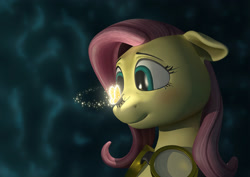 Size: 2364x1678 | Tagged: safe, artist:anadukune, character:fluttershy, species:pegasus, species:pony, 3d, bust, eye reflection, female, firefly, floppy ears, goggles, insect, insect on nose, looking at something, mare, reflection, remake, smiling, solo, teary eyes