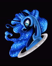 Size: 4500x5700 | Tagged: safe, artist:anadukune, character:nightmare moon, character:princess luna, species:alicorn, species:pony, absurd resolution, black background, bust, contest entry, ethereal mane, female, head only, helmet, looking down, mare, moon, portal, portrait, profile, simple background, smiling, solo