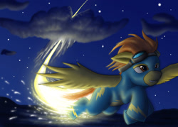 Size: 2000x1429 | Tagged: safe, artist:anadukune, character:spitfire, species:pegasus, species:pony, clothing, cloud, contest entry, female, fire trail, flying, goggles, mare, night, night sky, sky, solo, sparks, spitfiery, splitting, spread wings, stars, uniform, wings, wonderbolts uniform