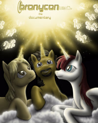 Size: 2400x3000 | Tagged: safe, artist:anadukune, oc, oc:fausticorn, species:alicorn, species:pony, species:unicorn, bronycon documentary, cloud, contest entry, female, glow, glowing horn, high res, horn, john de lancie, lauren faust, looking up, male, mare, ponified, prone, silhouette, smiling, sparkles, stallion, tara strong, title, trio