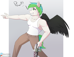 Size: 2894x2250 | Tagged: safe, artist:hevypony, oc, oc:looic, species:anthro, species:pegasus, species:pony, armpits, male, solo, weapon