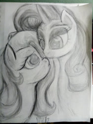 Size: 3120x4160 | Tagged: safe, artist:riskypony, character:fluttershy, character:rarity, ship:rarishy, female, imminent kissing, lesbian, shipping, traditional art