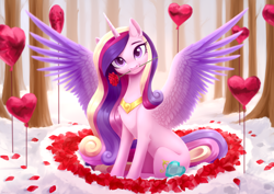Size: 3508x2480 | Tagged: safe, artist:sparkling_light, character:princess cadance, species:alicorn, species:pony, g4, balloon, beautiful, chest fluff, cute, cutedance, dawwww, ear fluff, female, flower, flower in mouth, head tilt, heart, heart balloon, holiday, leg fluff, looking at you, mare, mouth hold, petals, princess of love, rose, rose in mouth, rose petals, sitting, snow, solo, spread wings, valentine's day, wings