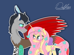 Size: 1024x768 | Tagged: safe, artist:delfinaluther, character:discord, character:fluttershy, species:draconequus, species:pony, species:unicorn, ship:discoshy, g5 leak, blushing, discord (g5), duo, female, flower, flower in hair, fluttershy (g5), male, mare, shipping, simple background, straight, unicorn fluttershy