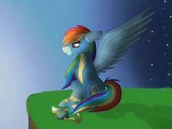 Size: 1024x768 | Tagged: safe, artist:delfinaluther, character:rainbow dash, species:pegasus, species:pony, cliff, clothing, female, goggles, grass, ledge, mare, profile, shadow, sitting, smiling, solo, spread wings, stars, sunrise, uniform, wings, wonderbolts uniform