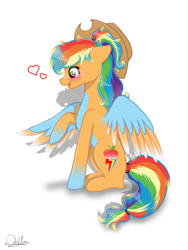Size: 768x1024 | Tagged: safe, artist:delfinaluther, character:applejack, character:rainbow dash, species:pegasus, species:pony, ship:appledash, blushing, clothing, cute, female, fusion, hat, lesbian, mare, ponytail, raised hoof, shipping