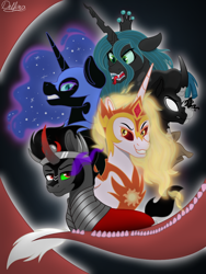 Size: 768x1024 | Tagged: safe, artist:delfinaluther, character:daybreaker, character:discord, character:king sombra, character:nightmare moon, character:pony of shadows, character:princess celestia, character:princess luna, character:queen chrysalis, character:stygian, species:alicorn, species:changeling, species:draconequus, species:pony, species:umbrum, antagonist, badass, changeling queen, epic, female, male, mare, stallion
