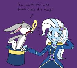 Size: 1229x1080 | Tagged: safe, artist:bugssonicx, character:trixie, species:rabbit, my little pony:equestria girls, animal, annoyed, arm behind head, bugs bunny, bunny out of the hat, clothespin, clothing, complaining, crossover, embarrassed, female, hat, looney tunes, male, procrastination, top hat