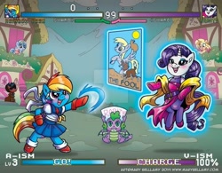 Size: 600x467 | Tagged: safe, artist:marybellamy, character:derpy hooves, character:rainbow dash, character:rarity, character:spike, oc, species:dragon, clothing, cosplay, costume, ponyville, rose (street fighter), sakura kasugano, semi-anthro, street fighter, tarot card, the fool, winged spike