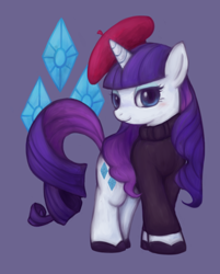 Size: 494x615 | Tagged: safe, artist:kei05, character:rarity, species:pony, species:unicorn, alternate hairstyle, beatnik rarity, beret, clothing, female, hat, solo, sweater