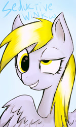 Size: 614x1024 | Tagged: safe, artist:whitenoiseghost, character:derpy hooves, species:pegasus, species:pony, bust, female, mare, seductive wink, solo, text