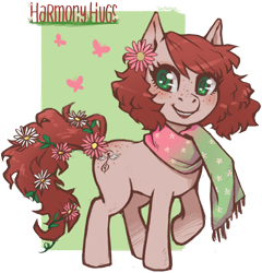 Size: 2786x2904 | Tagged: safe, artist:taytinabelle, derpibooru original, oc, oc only, oc:harmony hugs, species:earth pony, species:pony, blushing, clothing, cute, female, flower, flower in hair, flower in tail, freckles, green background, green eyes, heart eyes, looking at you, mare, raised hoof, red hair, scarf, secret santa, simple background, solo, spring, transparent background, wingding eyes