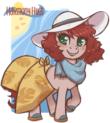 Size: 2746x3060 | Tagged: safe, artist:taytinabelle, derpibooru original, oc, oc only, oc:harmony hugs, species:earth pony, species:pony, beach towel, blushing, clothing, cute, female, flip-flops, freckles, green eyes, hat, heart eyes, looking at you, mare, raised hoof, red hair, sandals, scarf, secret santa, shoes, simple background, skirt, smiling, solo, summer, sun hat, towel around waist, transparent background, wingding eyes