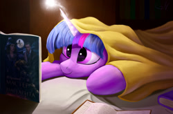 Size: 1500x988 | Tagged: safe, artist:foxpit, character:twilight sparkle, species:pony, bed, blanket, book, cozy, female, light spell, magic, mare, prone, reading, smiling, solo